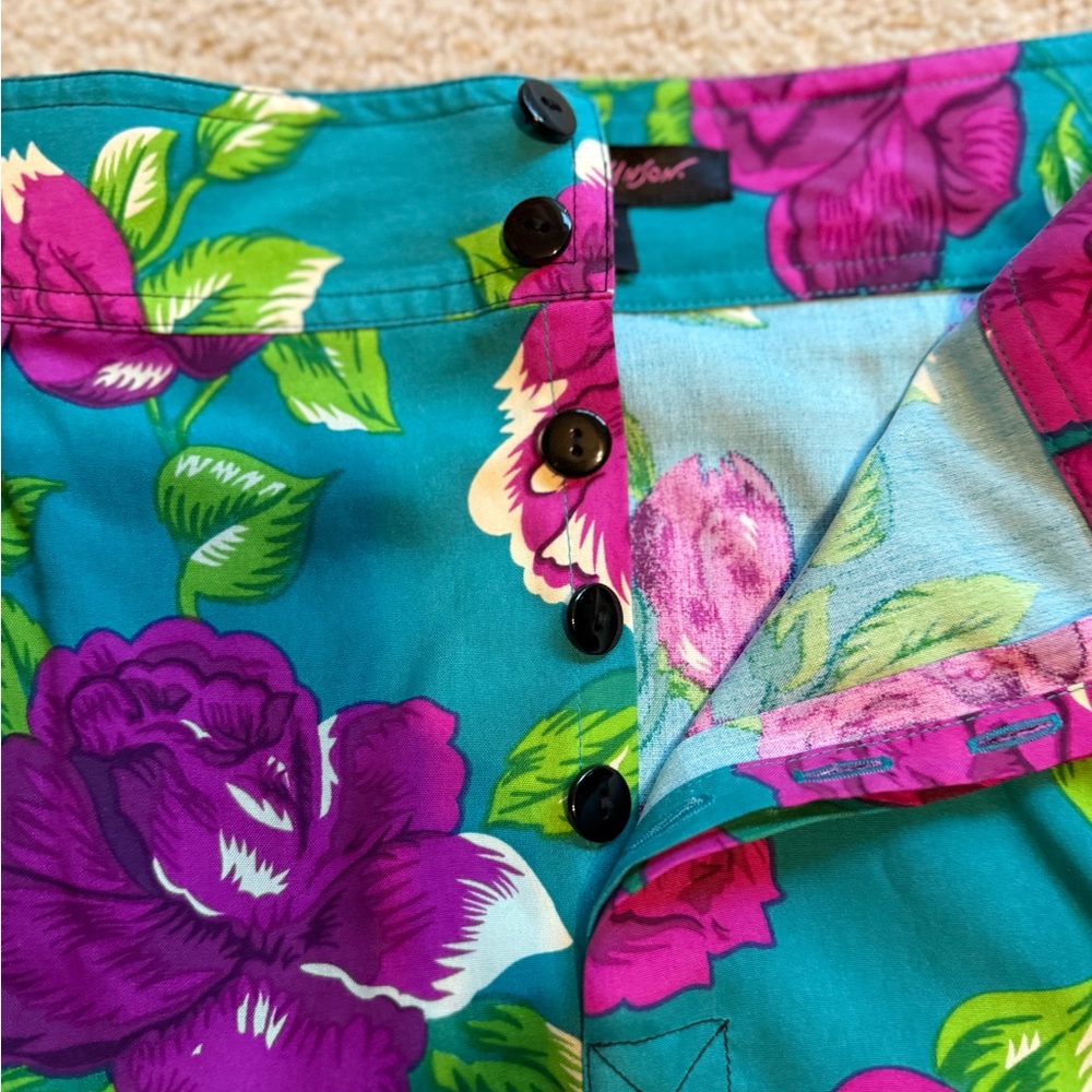 Betsey Johnson Runway Teal Silk Harem Pants with Magenta Floral Print - Picture 3 of 5